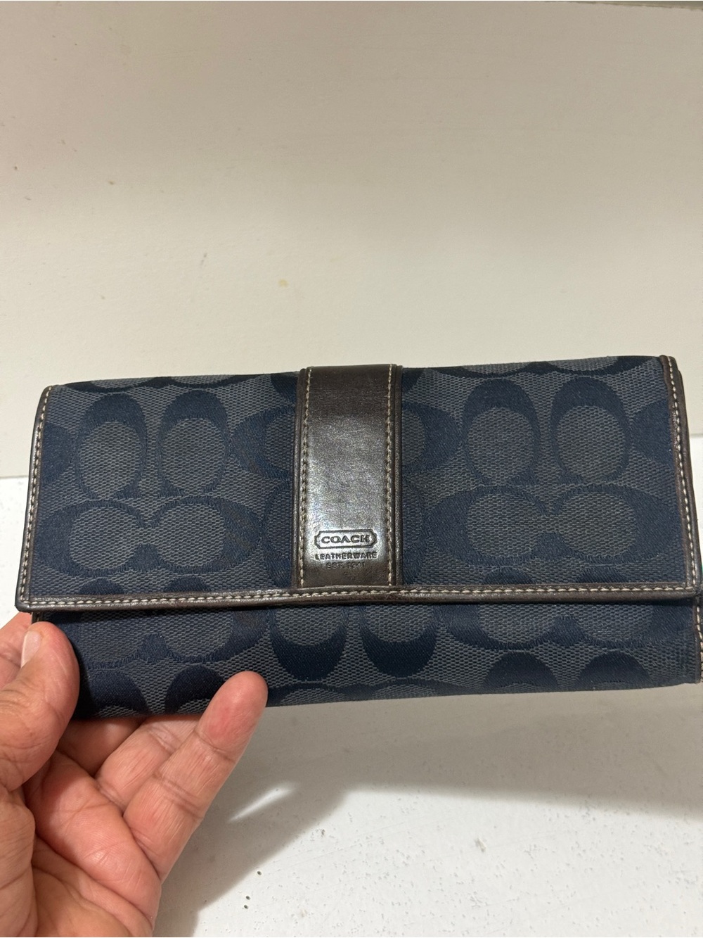 Coach Navy and brown Signature Trifold Wallet